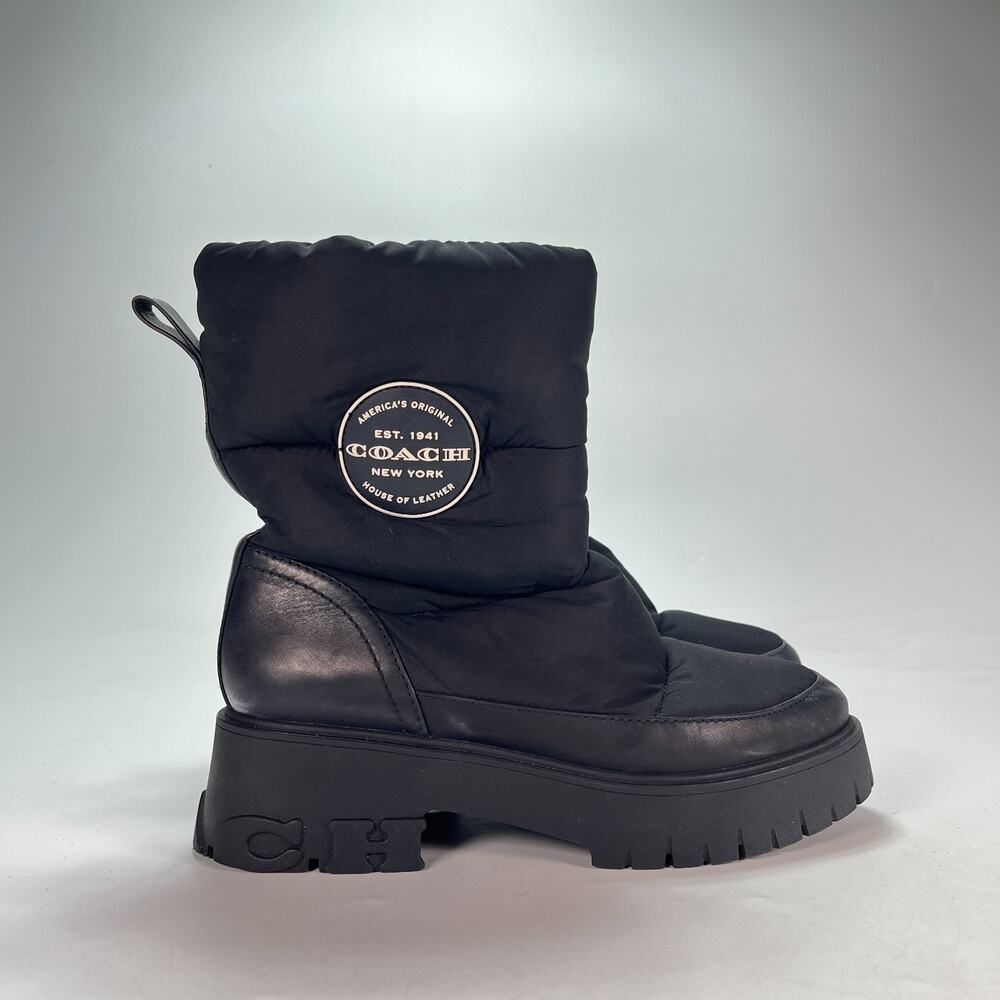 Coach Rya Black Pull On Puffer Mid Calf Winter Ankle Snow Boots Women's Size 10